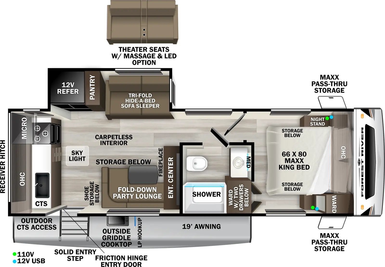 The Wildcat Travel Trailers 248RKX floorplan has one entry and one slide out. Exterior features include: fiberglass exterior and 19' awning. Interiors features include: rear kitchen and front bedroom.